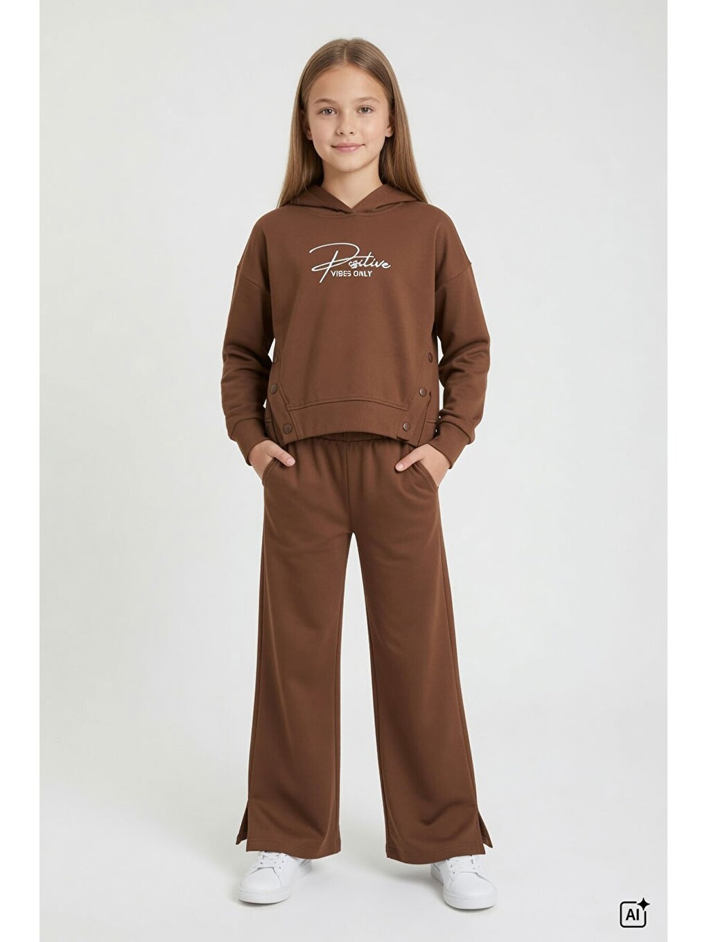 Kahverengi Kız Çocuk Çıtçıt Detaylı Kabartmalı Sweatshirt Geniş Paça 2li Eşofman Takımı 24764-3