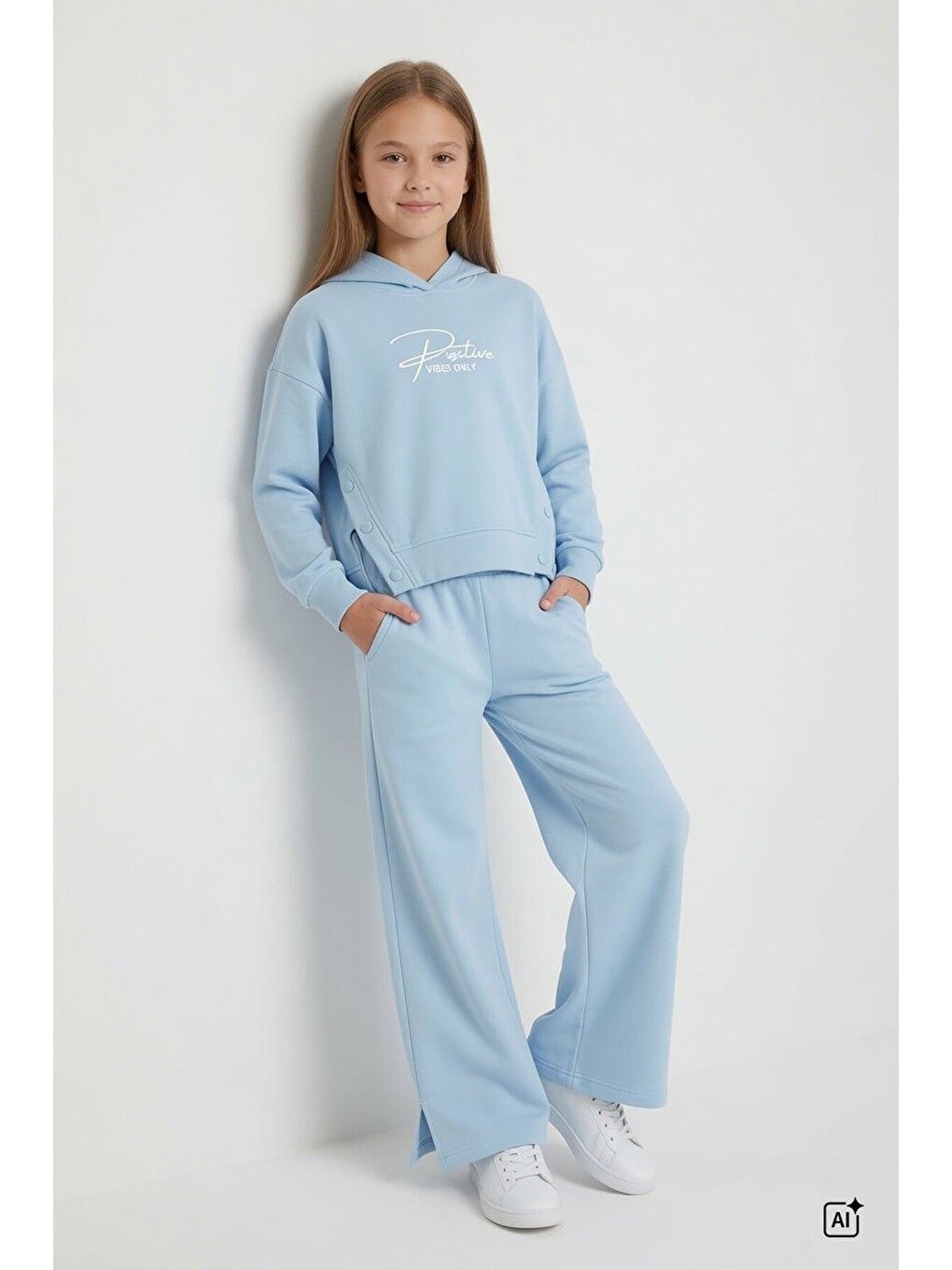 Mavi Kız Çocuk Çıtçıt Detaylı Kabartmalı Sweatshirt Geniş Paça 2li Eşofman Takımı 24763-1