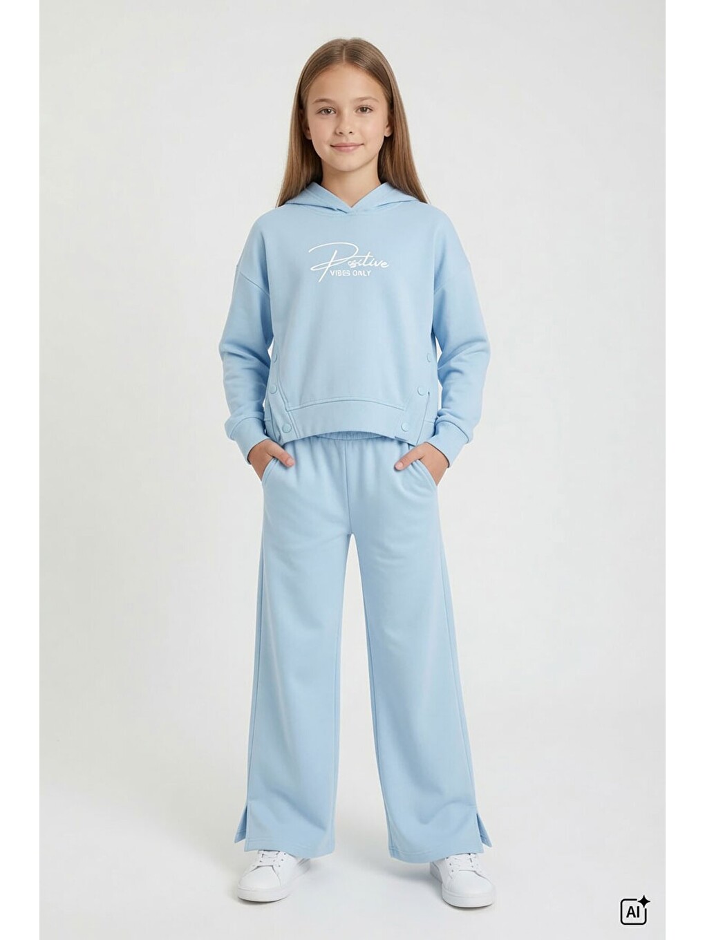 Mavi Kız Çocuk Çıtçıt Detaylı Kabartmalı Sweatshirt Geniş Paça 2li Eşofman Takımı 24763-2