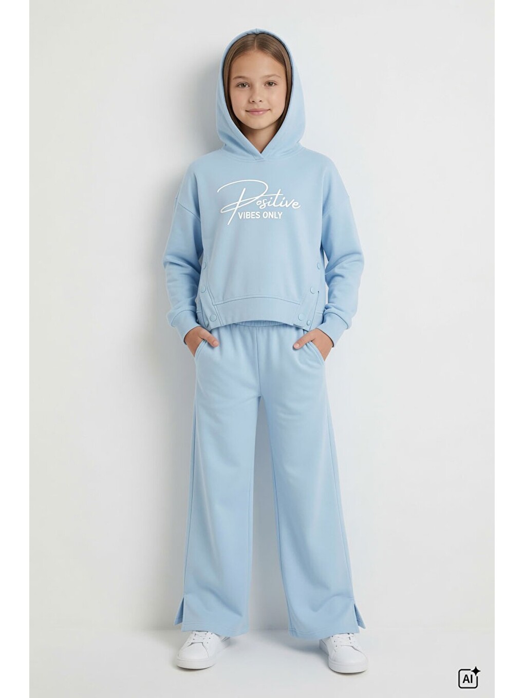 Mavi Kız Çocuk Çıtçıt Detaylı Kabartmalı Sweatshirt Geniş Paça 2li Eşofman Takımı 24763-3