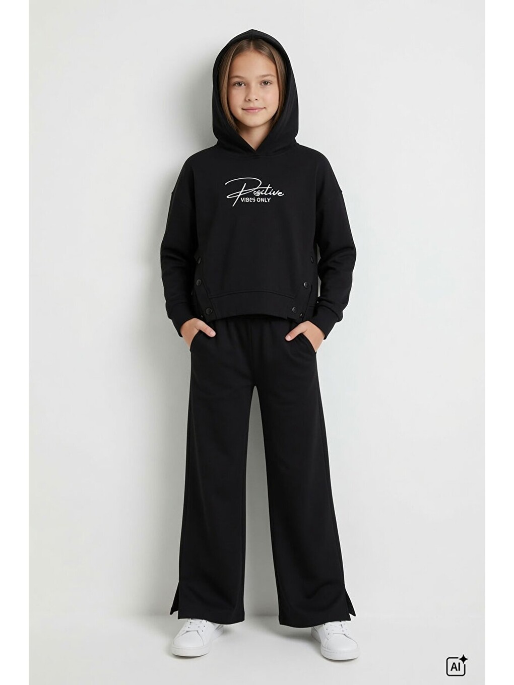 Siyah Kız Çocuk Çıtçıt Detaylı Kabartmalı Sweatshirt Geniş Paça 2li Eşofman Takımı 24762-1