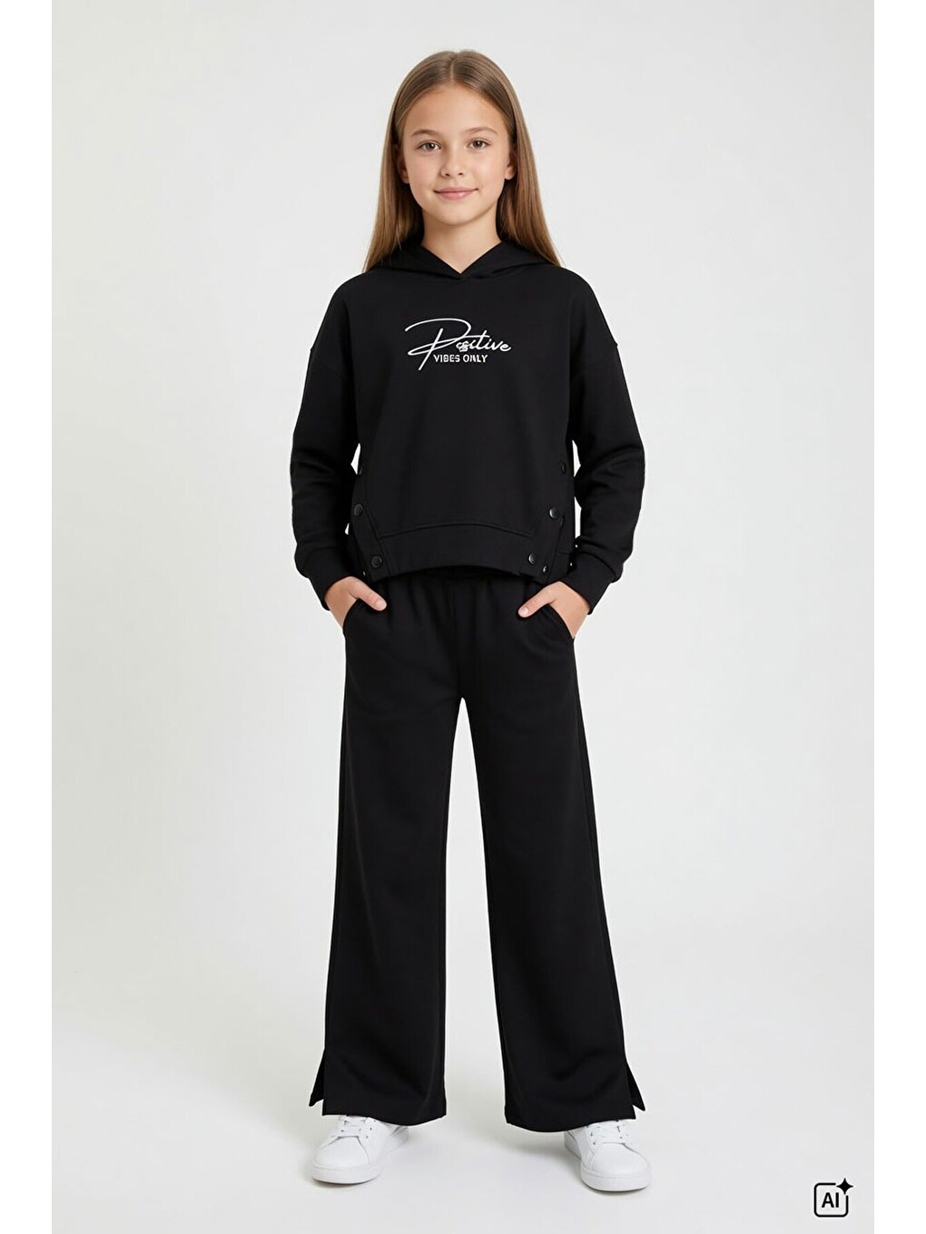 Siyah Kız Çocuk Çıtçıt Detaylı Kabartmalı Sweatshirt Geniş Paça 2li Eşofman Takımı 24762-2