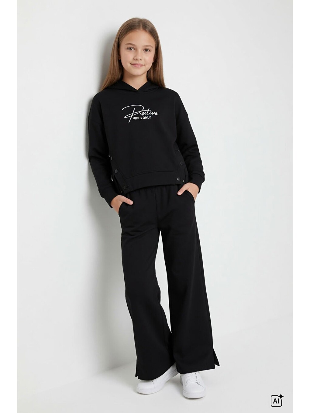 Siyah Kız Çocuk Çıtçıt Detaylı Kabartmalı Sweatshirt Geniş Paça 2li Eşofman Takımı 24762-3