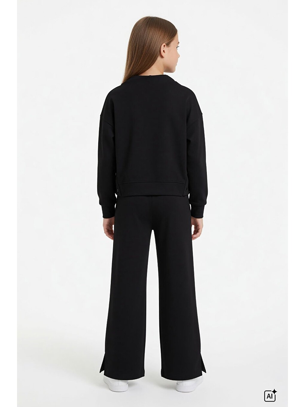 Siyah Kız Çocuk Çıtçıt Detaylı Kabartmalı Sweatshirt Geniş Paça 2li Eşofman Takımı 24762-4