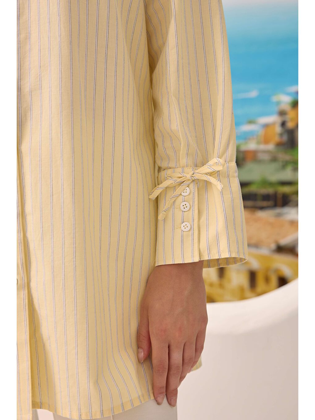 Bağcıklı Çizgili Gömlek Soft Sarı-1