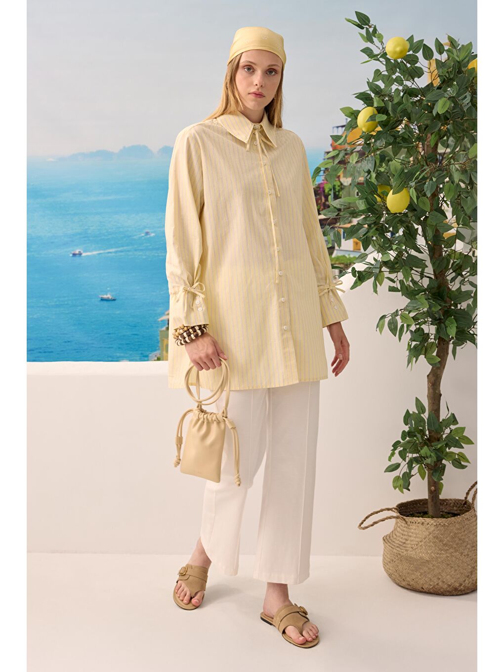 Bağcıklı Çizgili Gömlek Soft Sarı-2