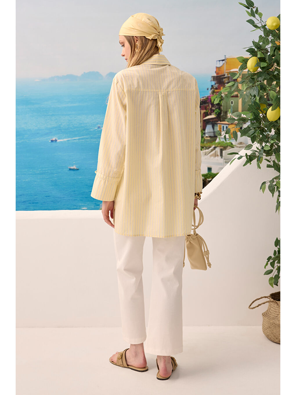 Bağcıklı Çizgili Gömlek Soft Sarı-3