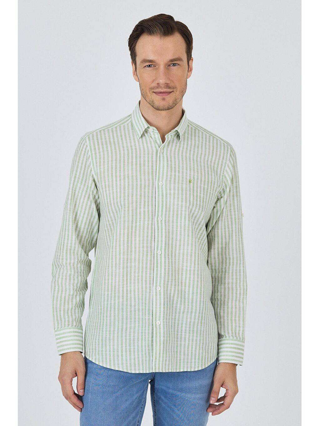 Açık Yeşil Kısalabilir Kol Cepsiz Pamuk Casual Comfort Fit %100 Pamuk Gömlek 1004250128-1