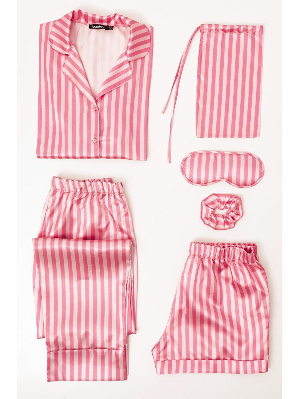 Fuşya 6'Lı Pembe Krem Çizgili Saten Pijama Takımı-4