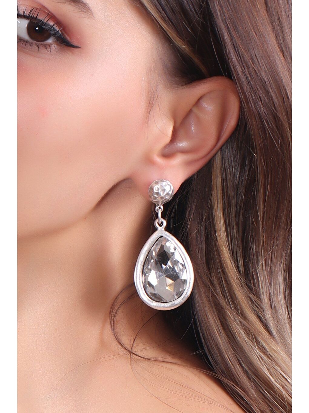 Gri Kadın Antik Gümüş Kaplama Taşlı Damla Küpe-1