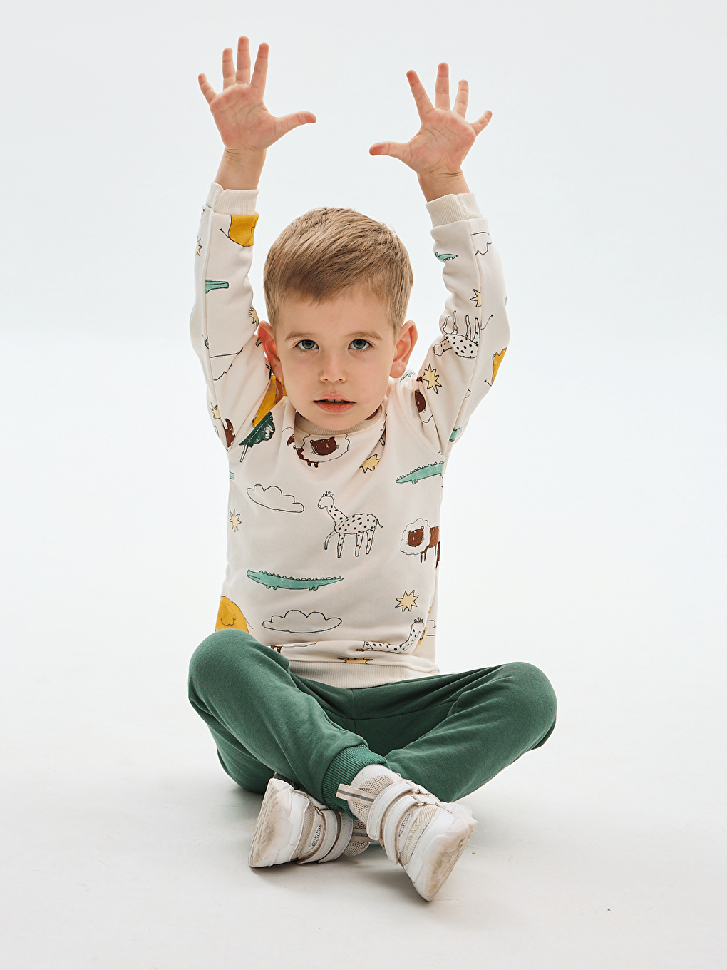 Yeşil Bisiklet Yaka Baskılı Erkek Bebek Sweatshirt ve Eşofman Alt 2'li Takım-3