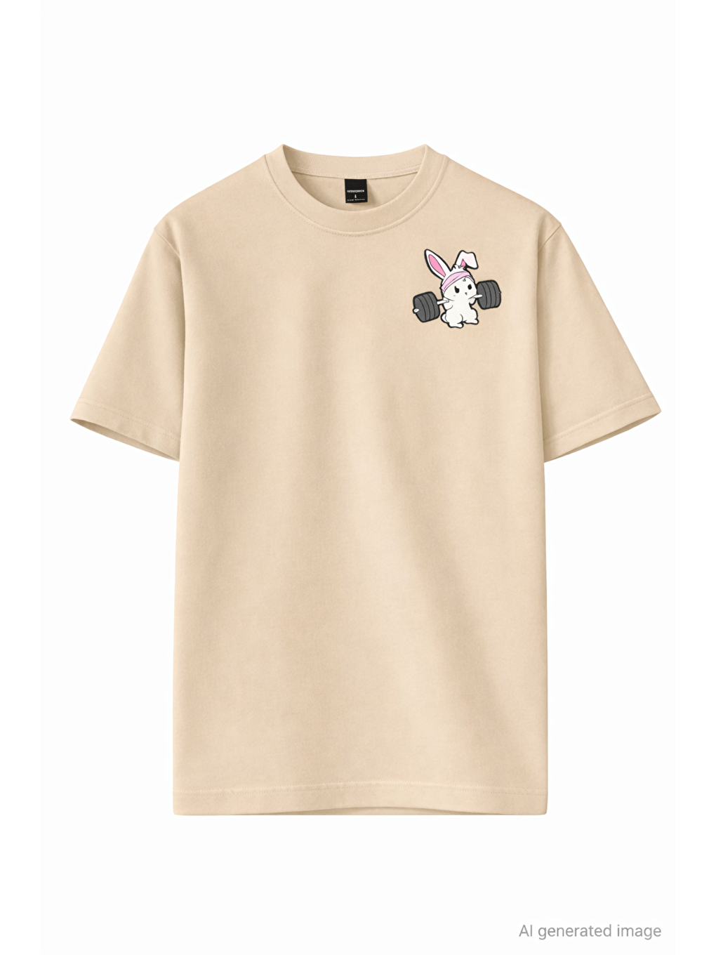 Bej Gym Bunny - Halter Kaldıran Tavşan Baskılı Unisex Oversize Pamuklu Tişört