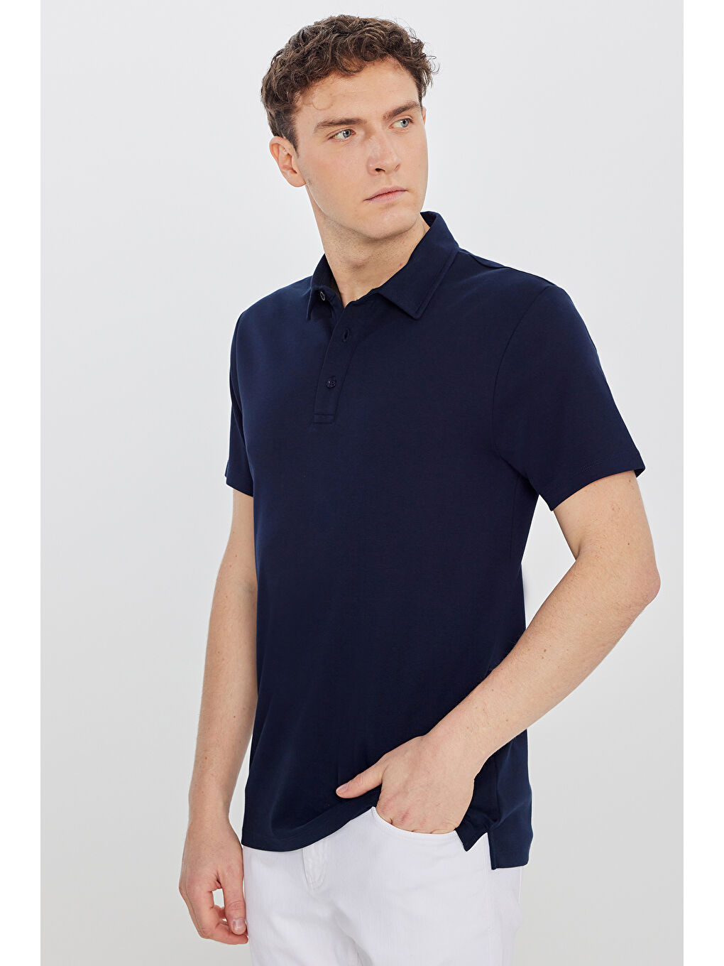 Erkek Lacivert %100 Pamuk Slim Fit Dar Kesim Polo Yaka Tişört-2
