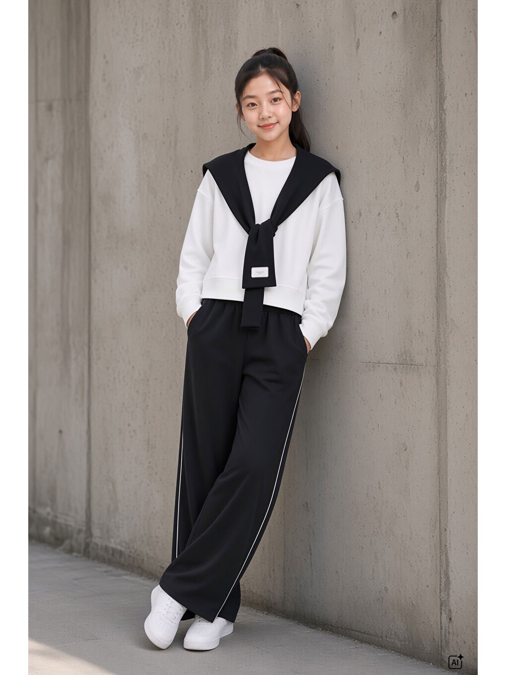 Siyah Kız Çocuk Omuz Bağlama Detaylı Sweatshirt Geniş Paça Pantolon 2li Takım 24758