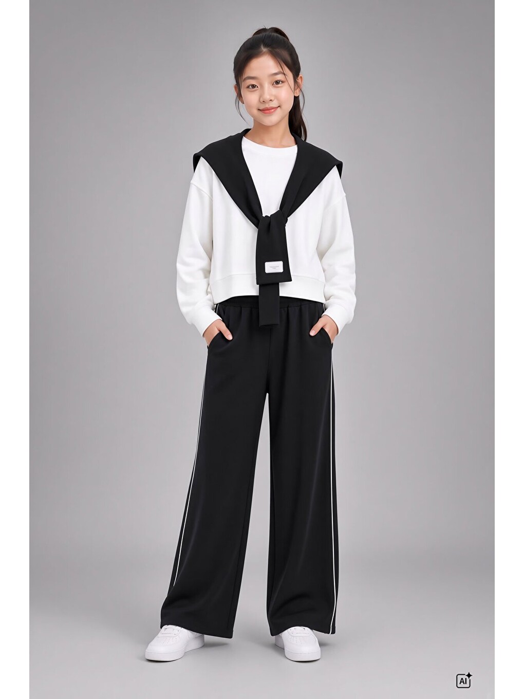 Siyah Kız Çocuk Omuz Bağlama Detaylı Sweatshirt Geniş Paça Pantolon 2li Takım 24758-1