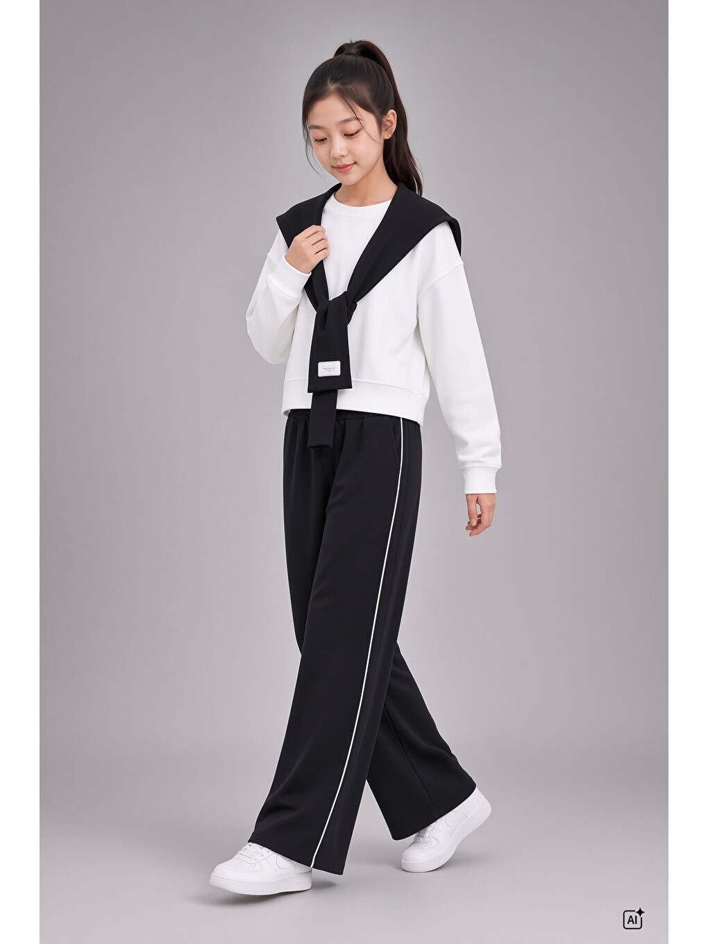 Siyah Kız Çocuk Omuz Bağlama Detaylı Sweatshirt Geniş Paça Pantolon 2li Takım 24758-2