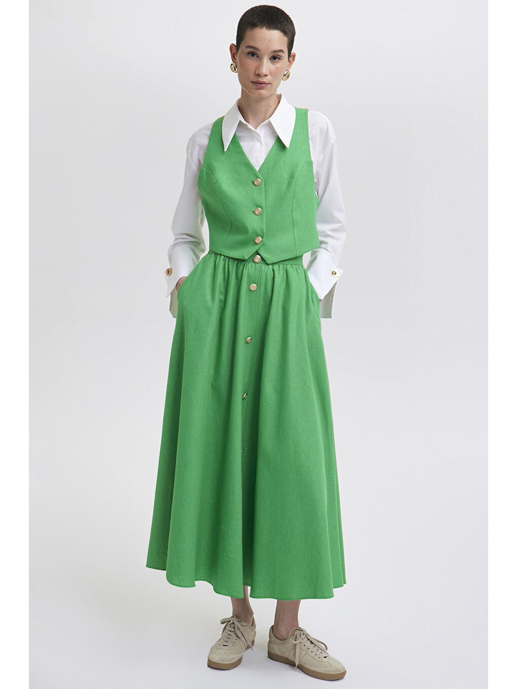 Yeşil Keten Dokulu Yelek Etek Takım-1