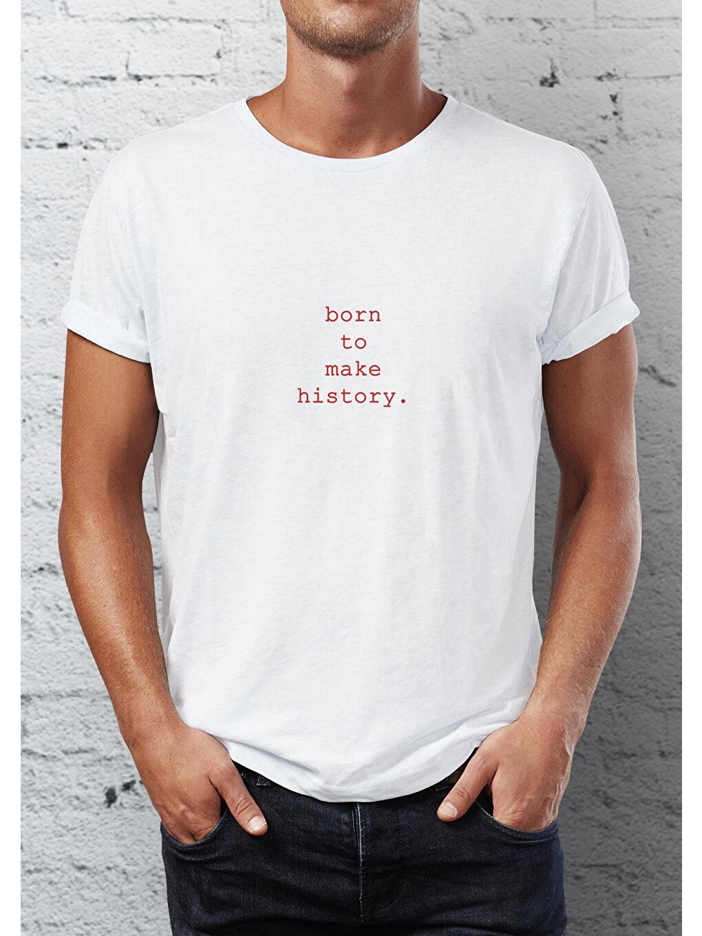 Beyaz Make History Baskılı Bisiklet Yaka Erkek Tişört