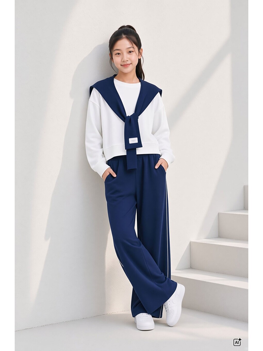 Lacivert Kız Çocuk Omuz Bağlama Detaylı Sweatshirt Geniş Paça Pantolon 2li Takım 24759
