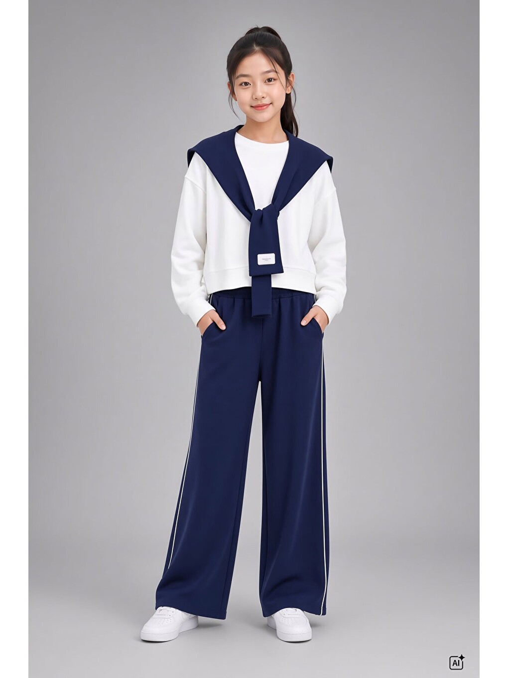 Lacivert Kız Çocuk Omuz Bağlama Detaylı Sweatshirt Geniş Paça Pantolon 2li Takım 24759-1