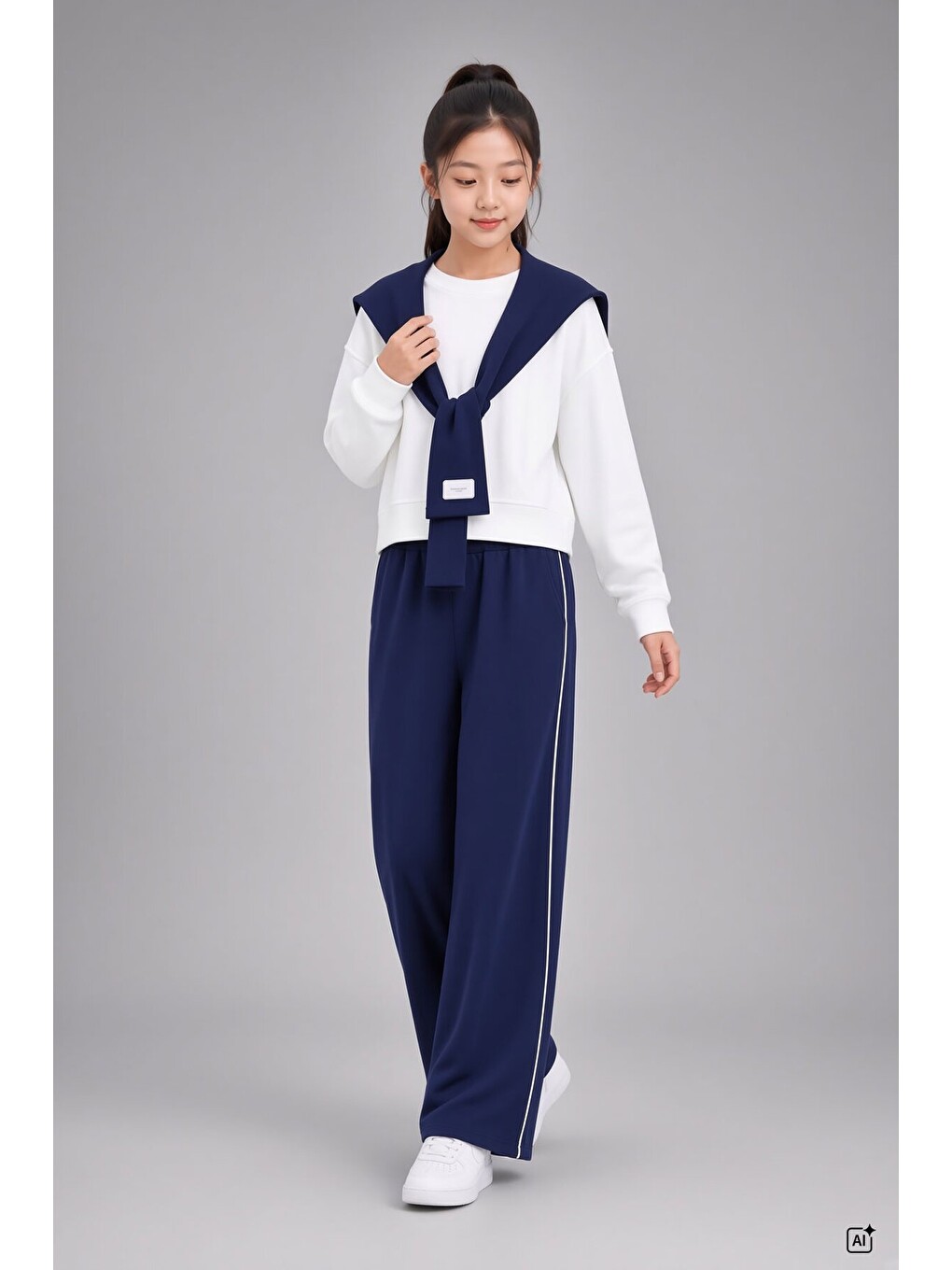 Lacivert Kız Çocuk Omuz Bağlama Detaylı Sweatshirt Geniş Paça Pantolon 2li Takım 24759-2