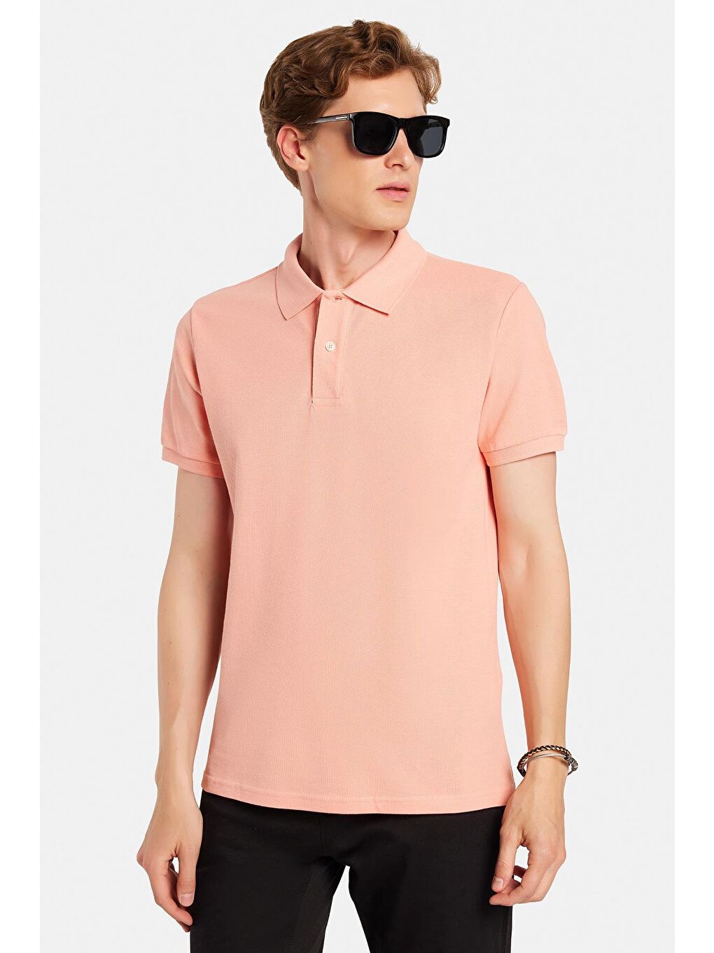 Pembe Erkek Slim Fit Dar Kesim %100 Pamuk Yavruağzı Polo Yaka Tişört-1