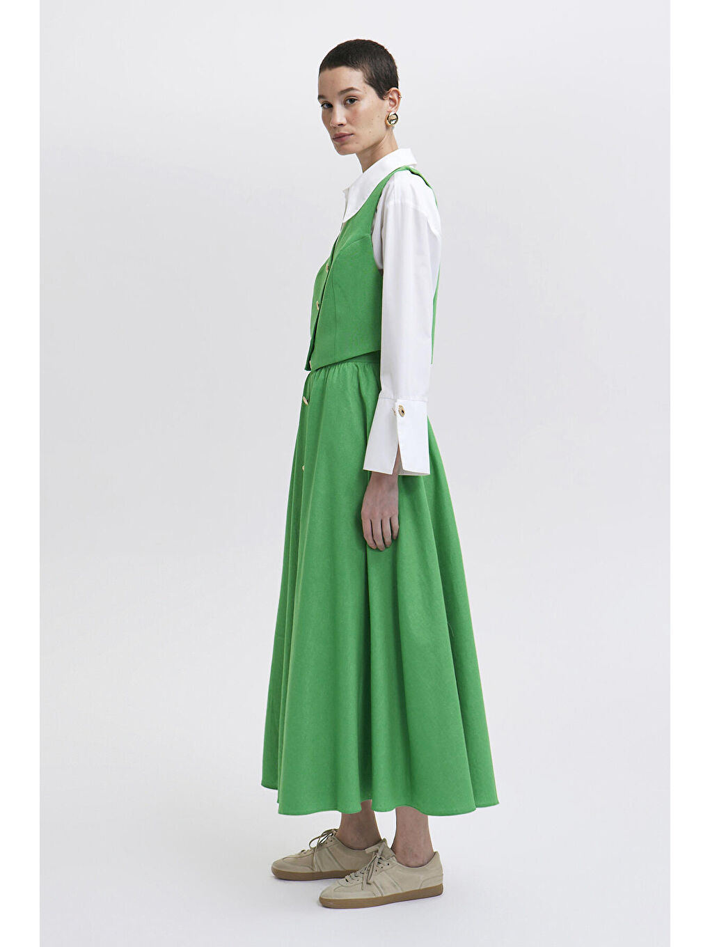 Yeşil Keten Dokulu Yelek Etek Takım-2