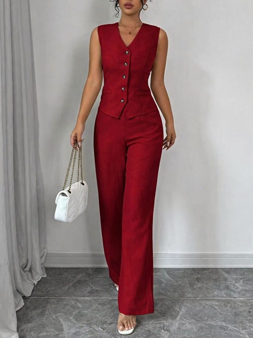 Kırmızı Kadın Askılı önden Düğmeli Bluz Ve Pantolon Keten Ikili Takım