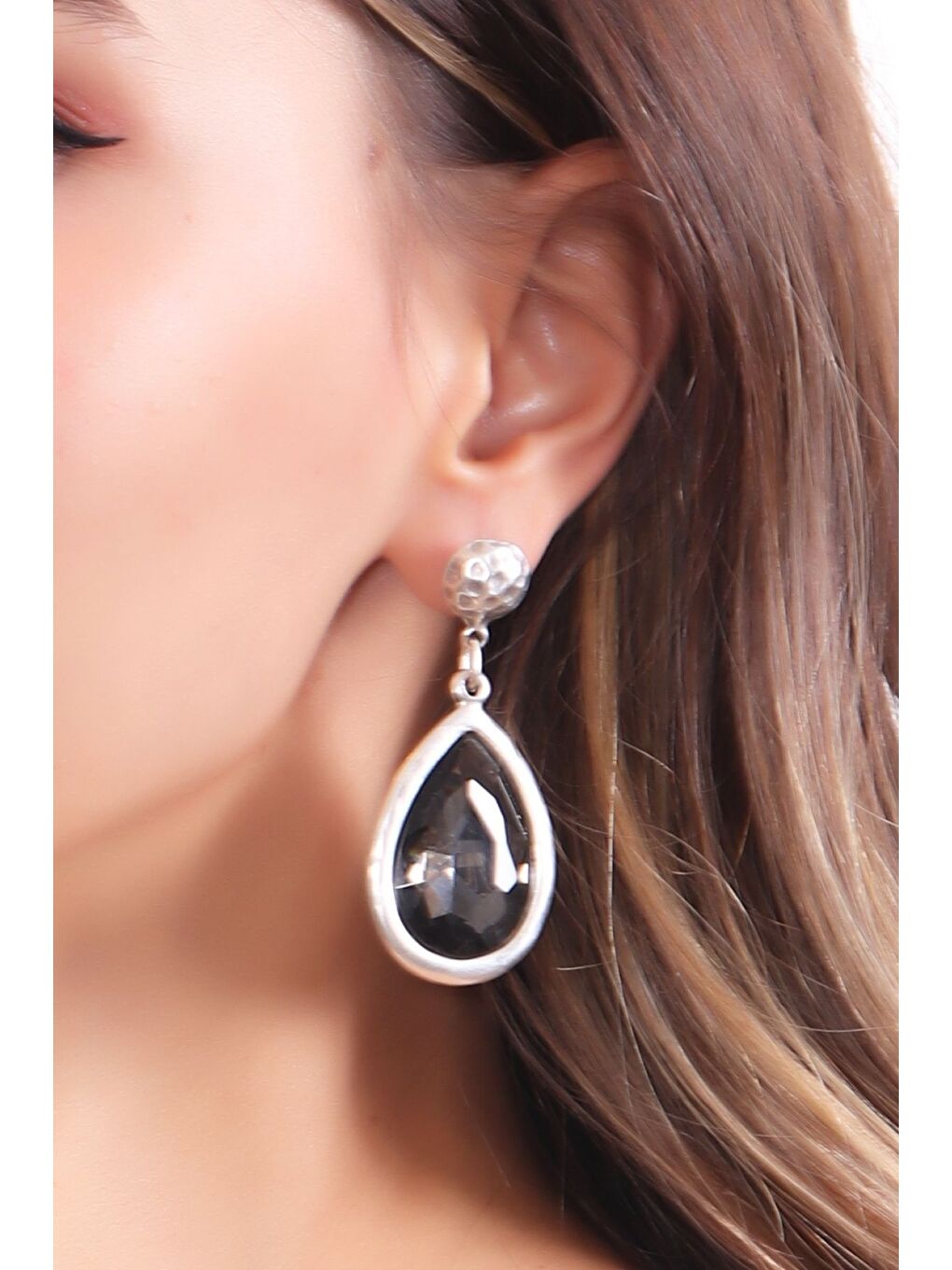 Gri Kadın Antik Gümüş Kaplama Taşlı Damla Küpe-2