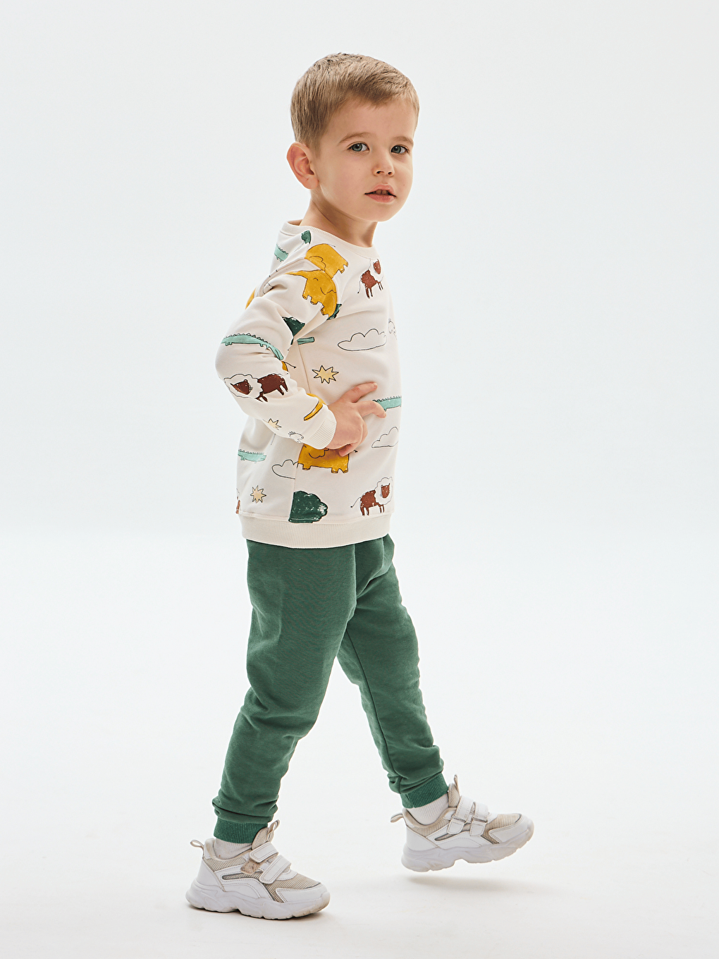 Yeşil Bisiklet Yaka Baskılı Erkek Bebek Sweatshirt ve Eşofman Alt 2'li Takım-4