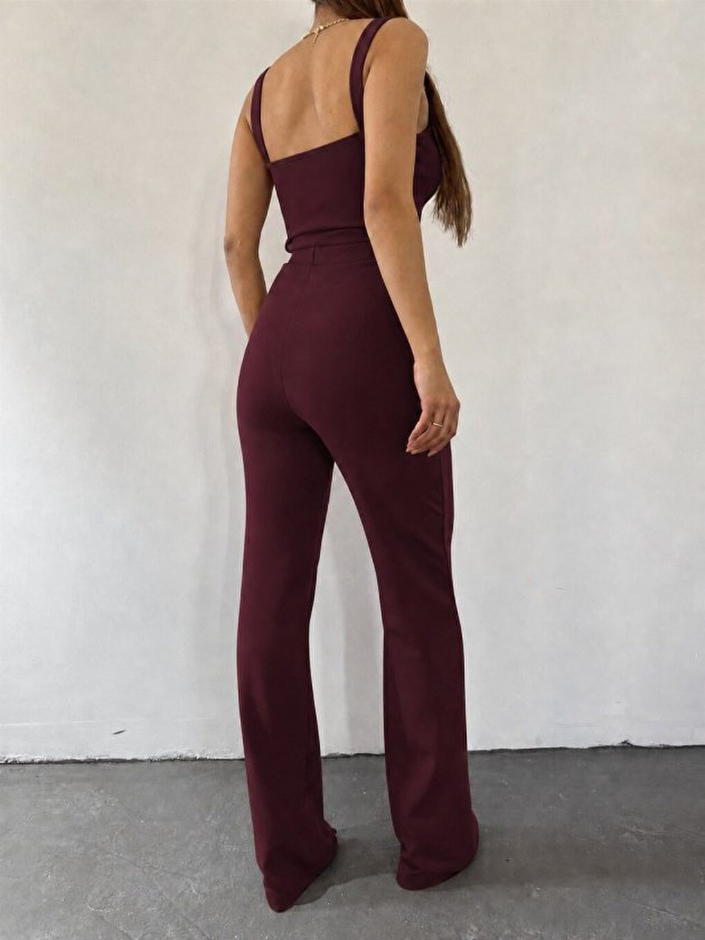 Bordo Kadın Zincir Askılı Krop Ithal Krep Bluz Ve Pantolon Ikili Takım-2