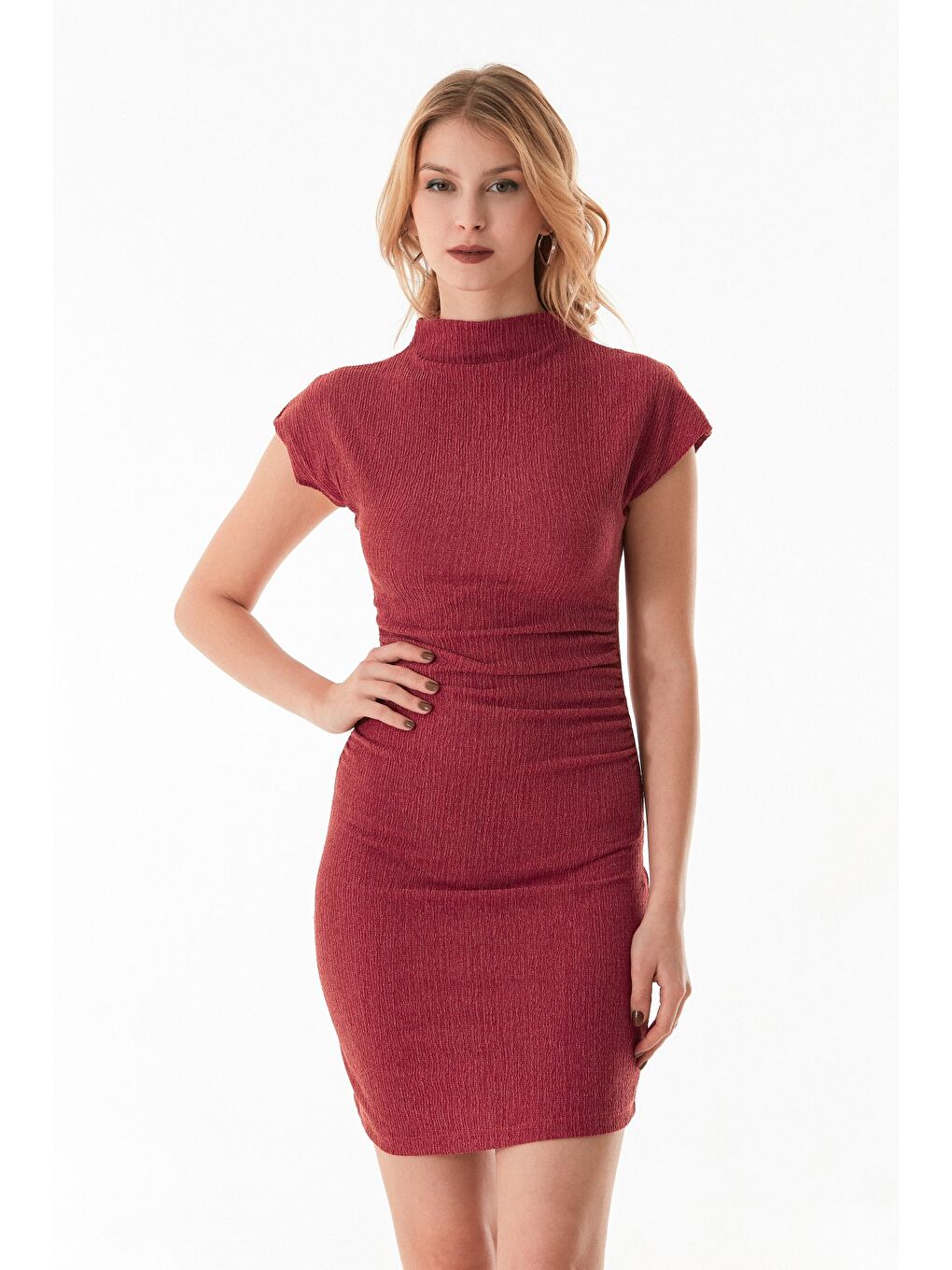 Bordo Bürümcük Kumaş Drapeli Dik Yaka Elbise-3