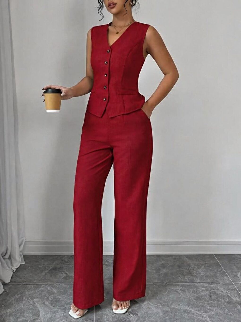 Kırmızı Kadın Askılı önden Düğmeli Bluz Ve Pantolon Keten Ikili Takım-1