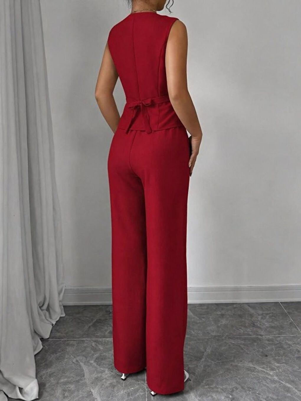 Kırmızı Kadın Askılı önden Düğmeli Bluz Ve Pantolon Keten Ikili Takım-2