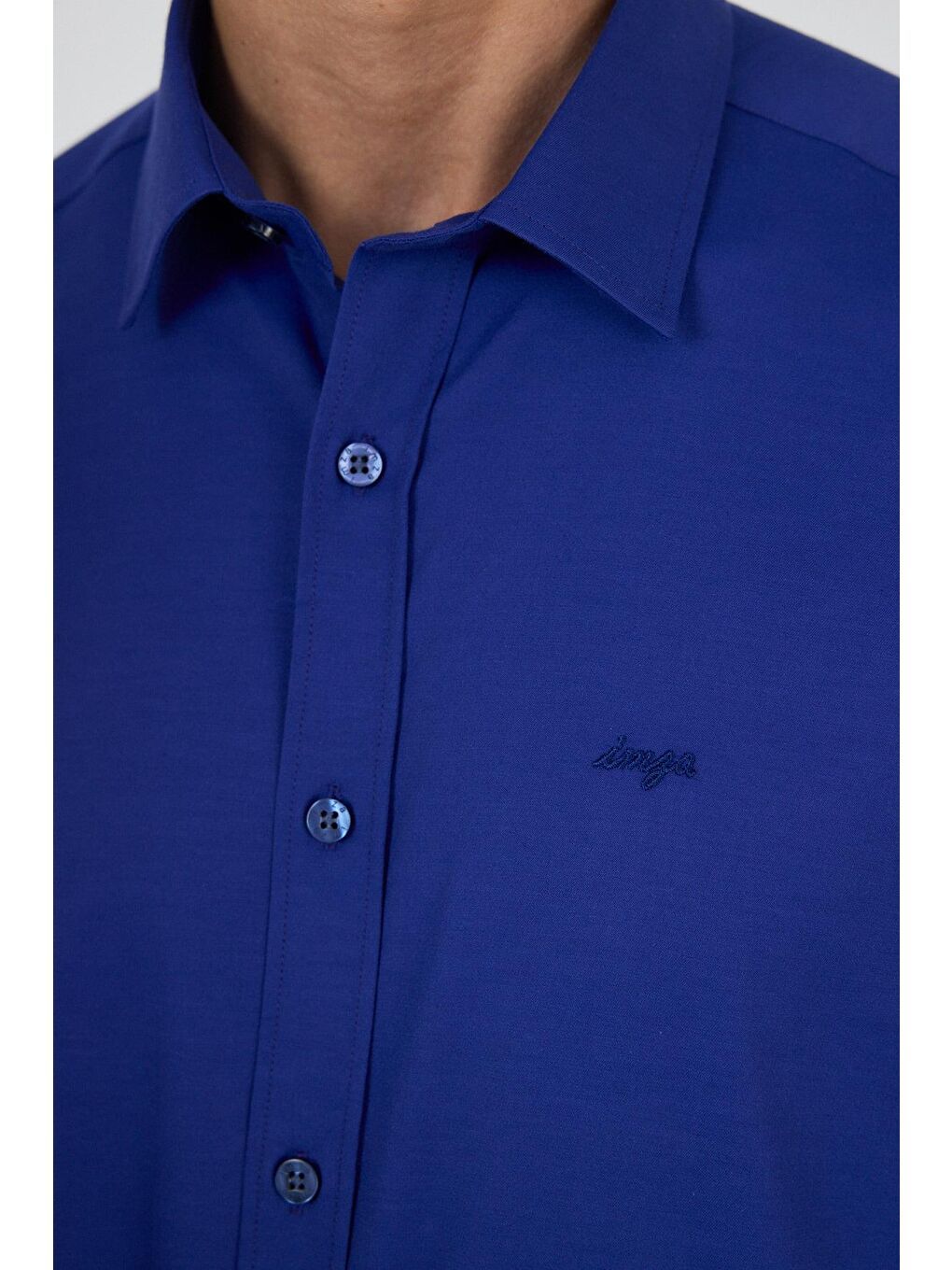 Mavi Uzun Kol Düz Bez Ayağı Sert Yaka Cepsiz Pamuklu Classic Slim Fit Gömlek 1004250195-3