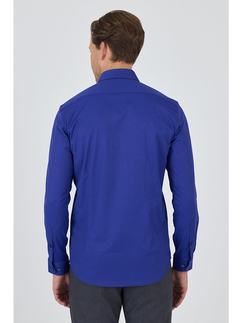 Mavi Uzun Kol Düz Bez Ayağı Sert Yaka Cepsiz Pamuklu Classic Slim Fit Gömlek 1004250195-4