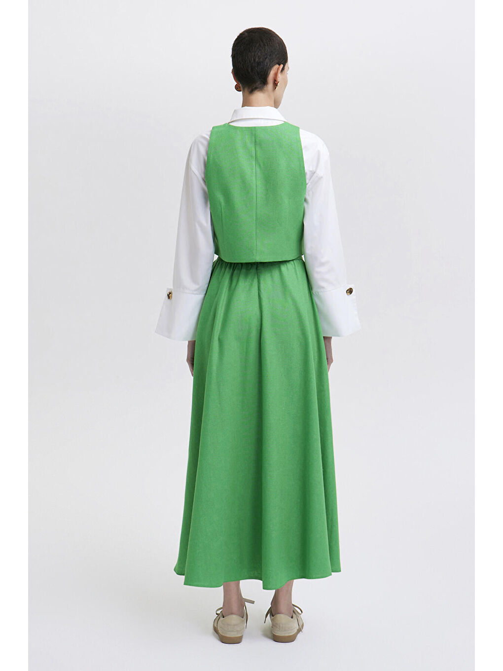 Yeşil Keten Dokulu Yelek Etek Takım-3