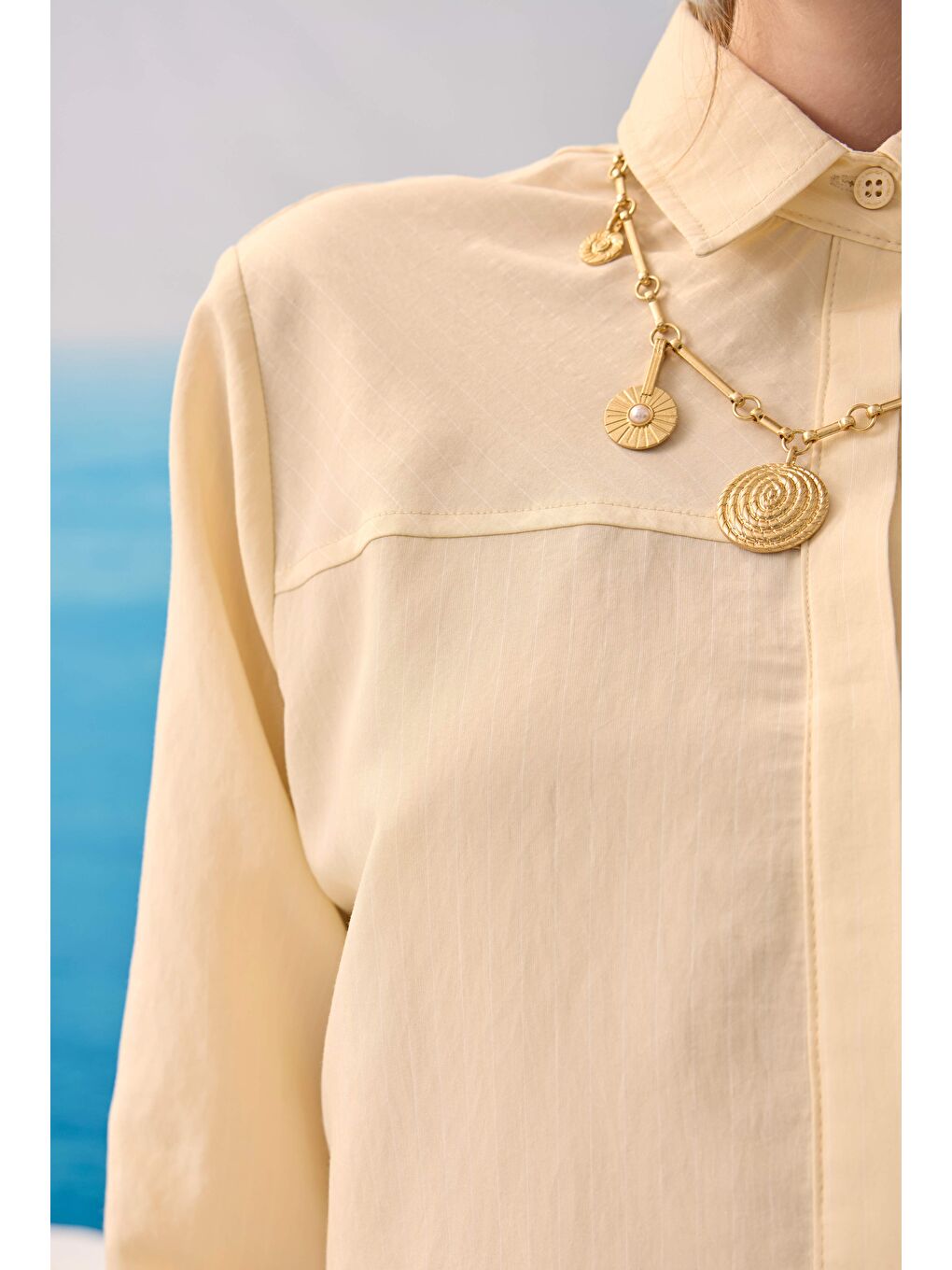 Bej Robası Verev Çizgili Gömlek Vanilya-1