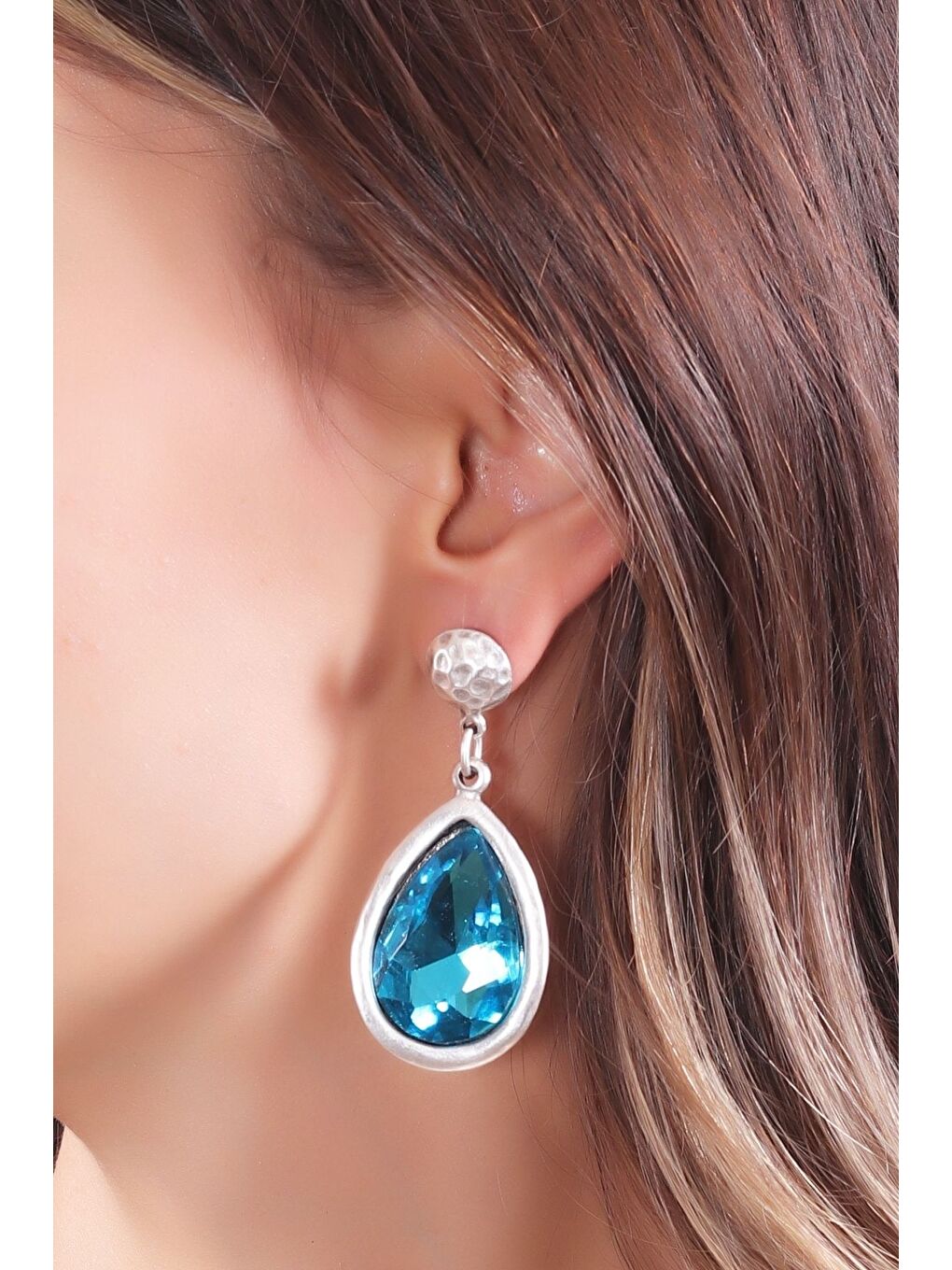 Gri Kadın Antik Gümüş Kaplama Taşlı Damla Küpe-2