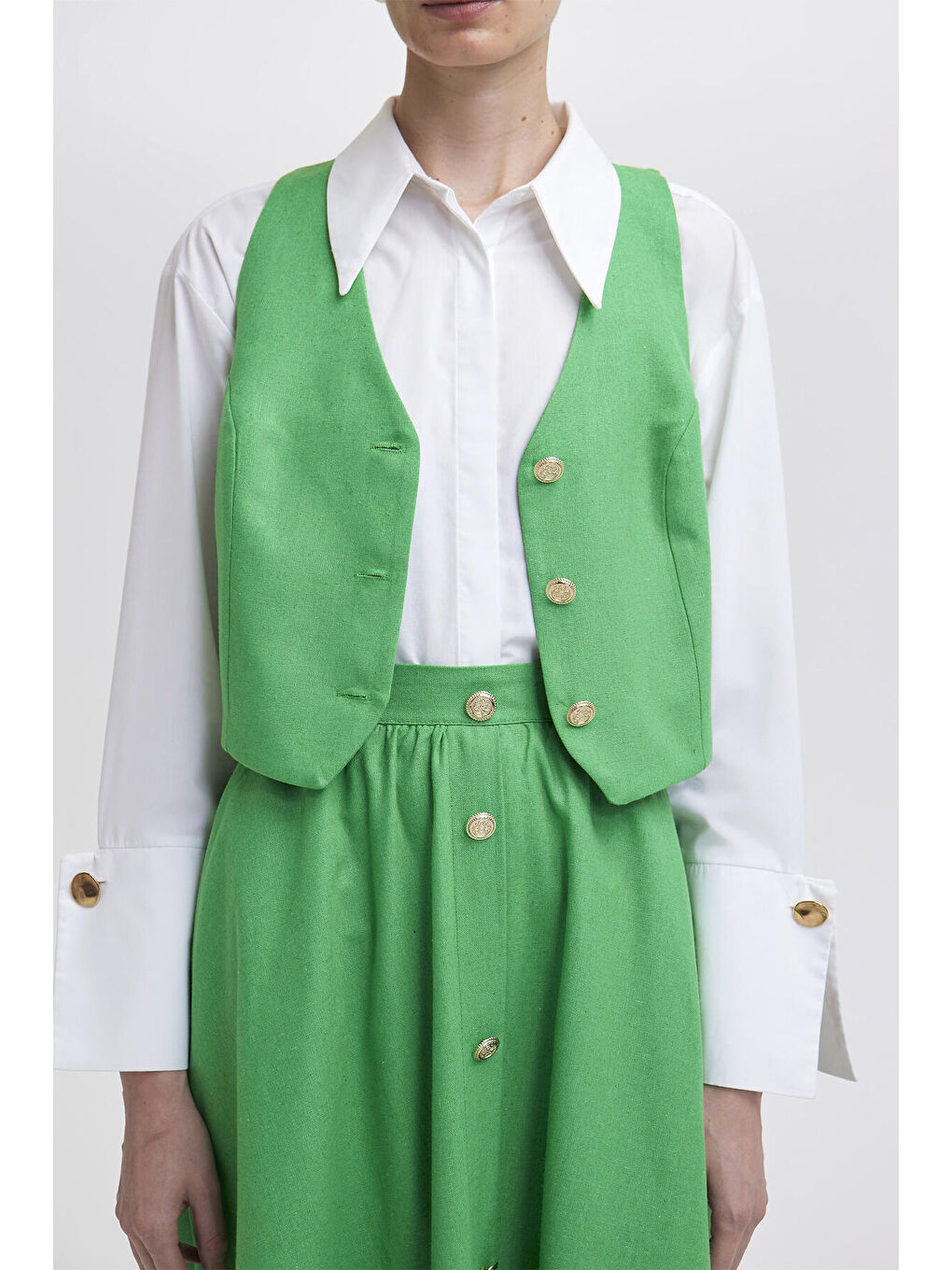 Yeşil Keten Dokulu Yelek Etek Takım-4