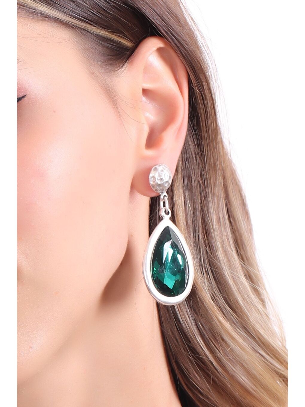 Yeşil Kadın Antik Gümüş Kaplama Taşlı Damla Küpe-2