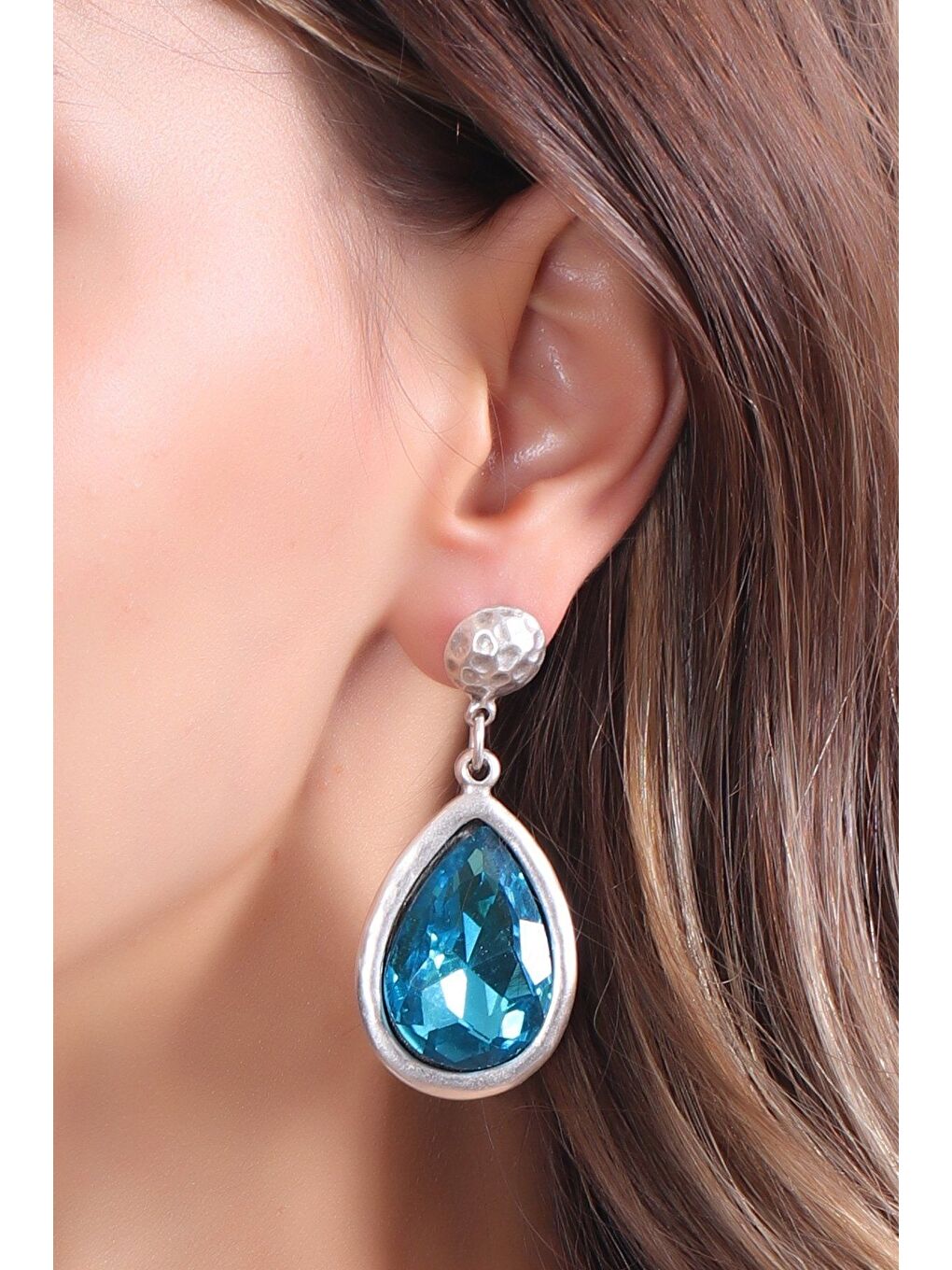 Gri Kadın Antik Gümüş Kaplama Taşlı Damla Küpe-3