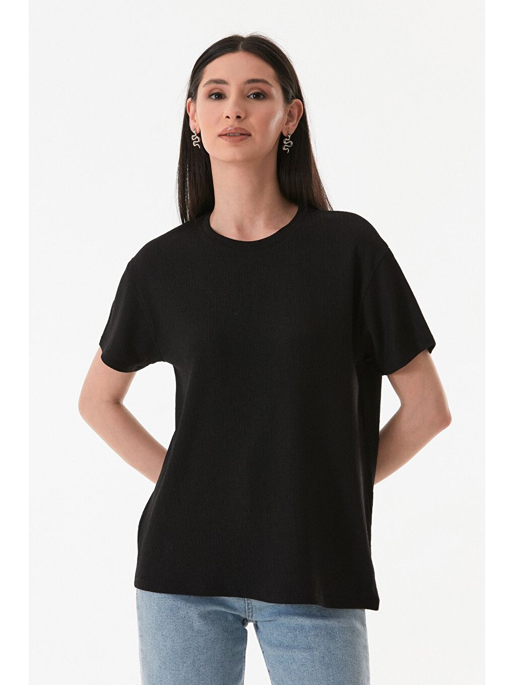 Siyah Basic Bürümcük Kumaş Tişört-1