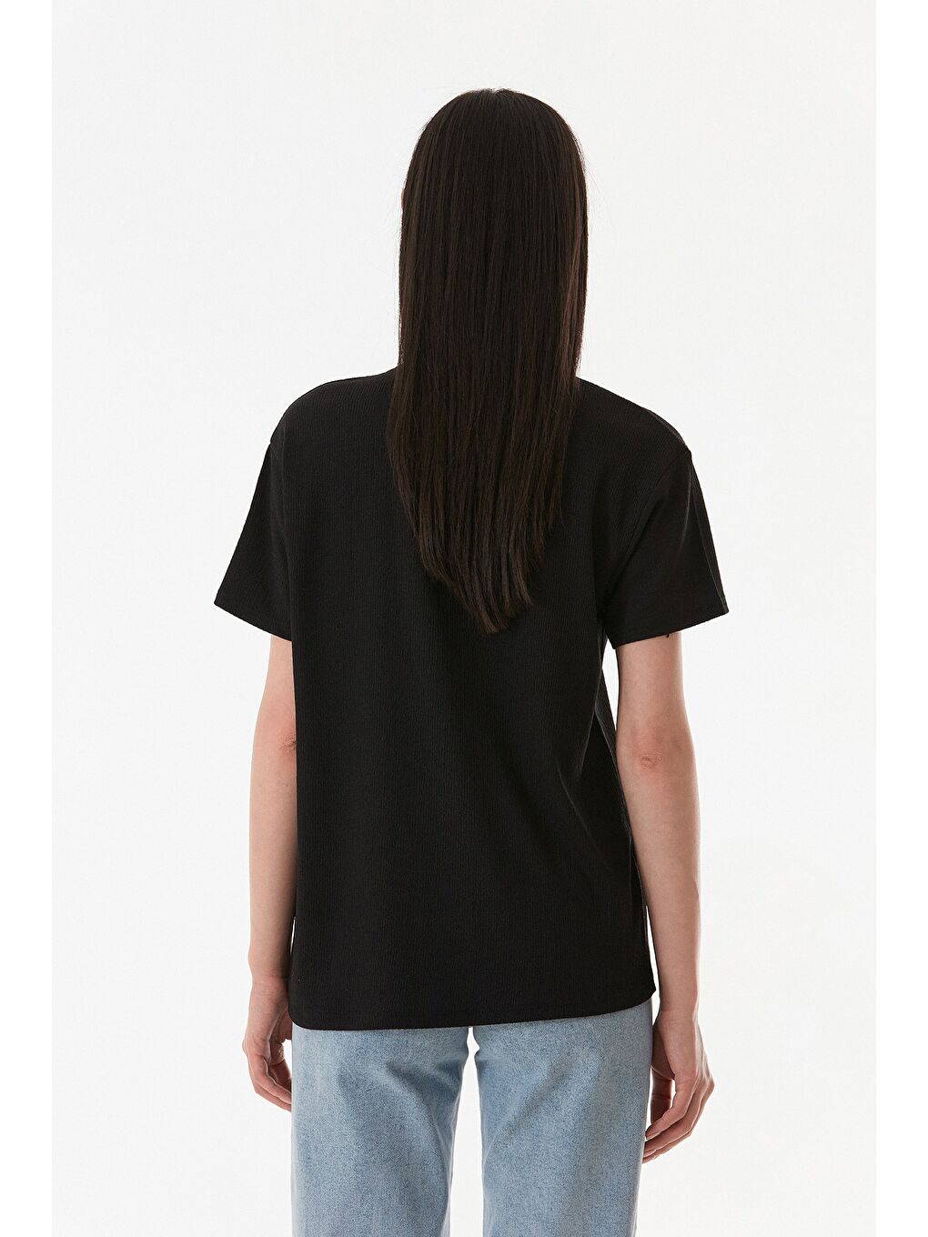 Siyah Basic Bürümcük Kumaş Tişört-3