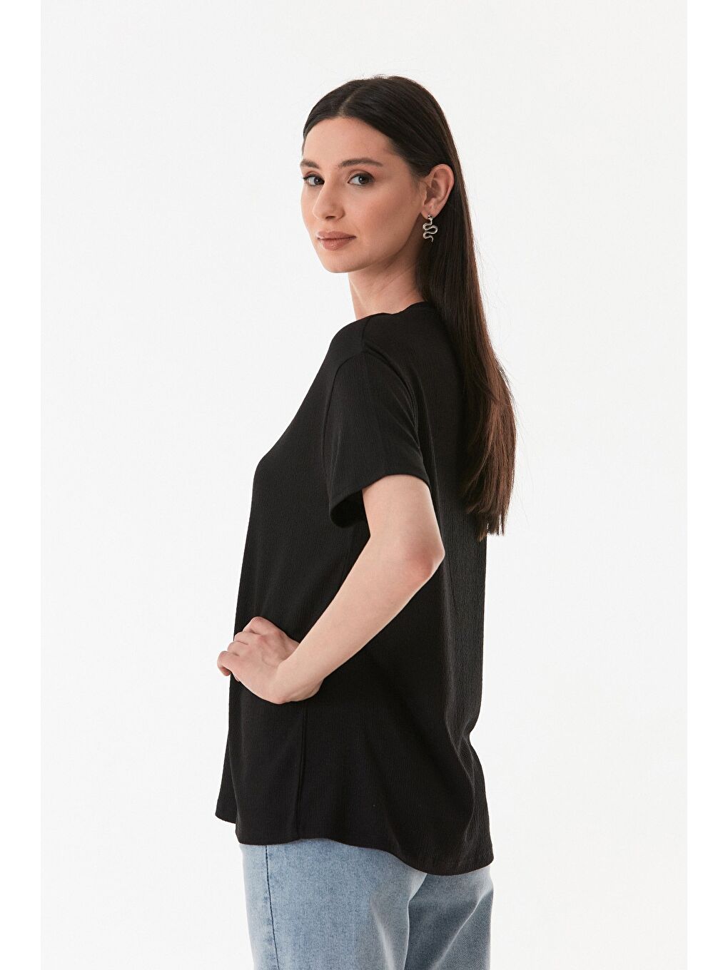 Siyah Basic Bürümcük Kumaş Tişört-4