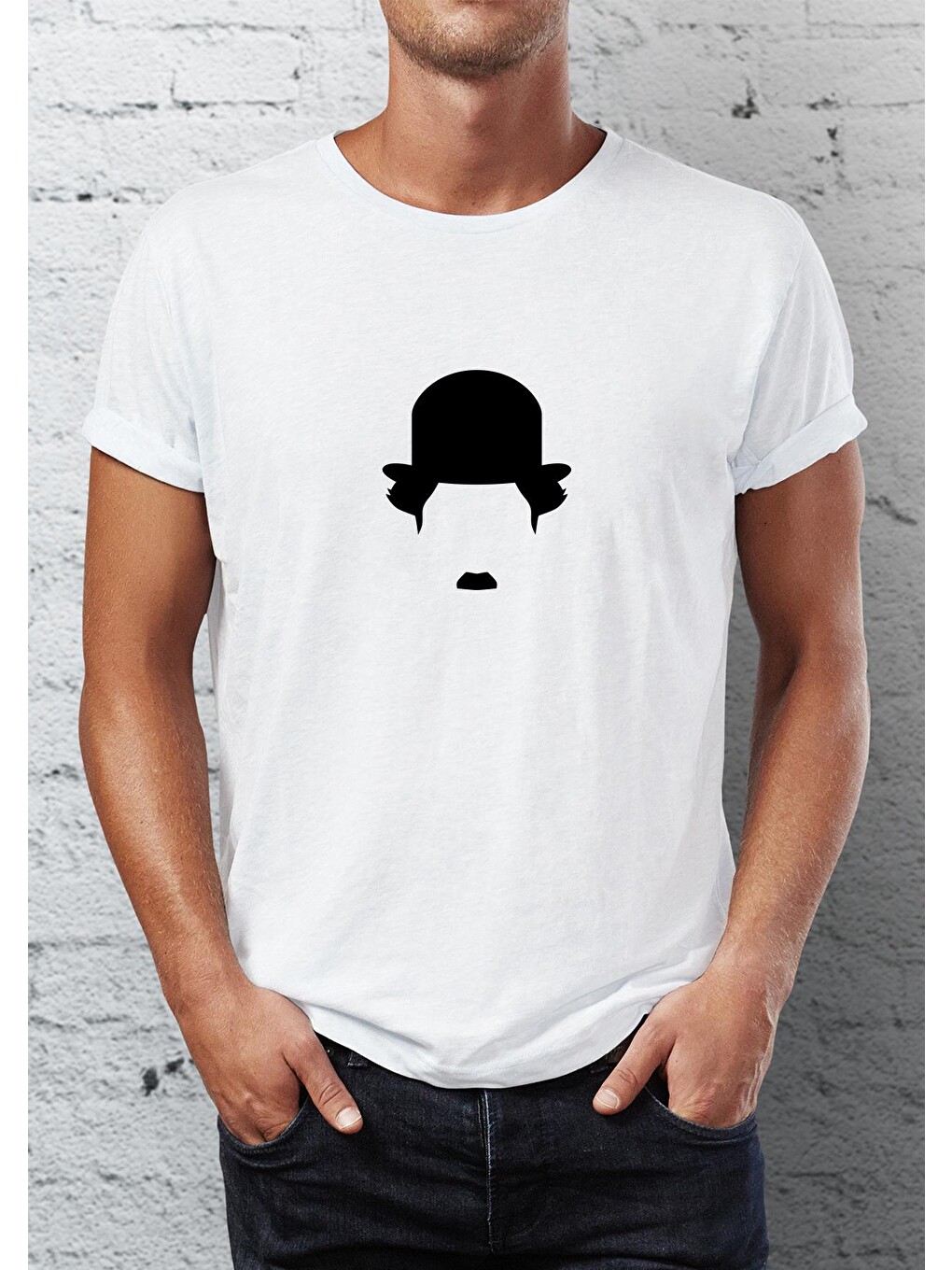Beyaz Charlie Chaplin Baskılı Bisiklet Yaka Erkek Tişört
