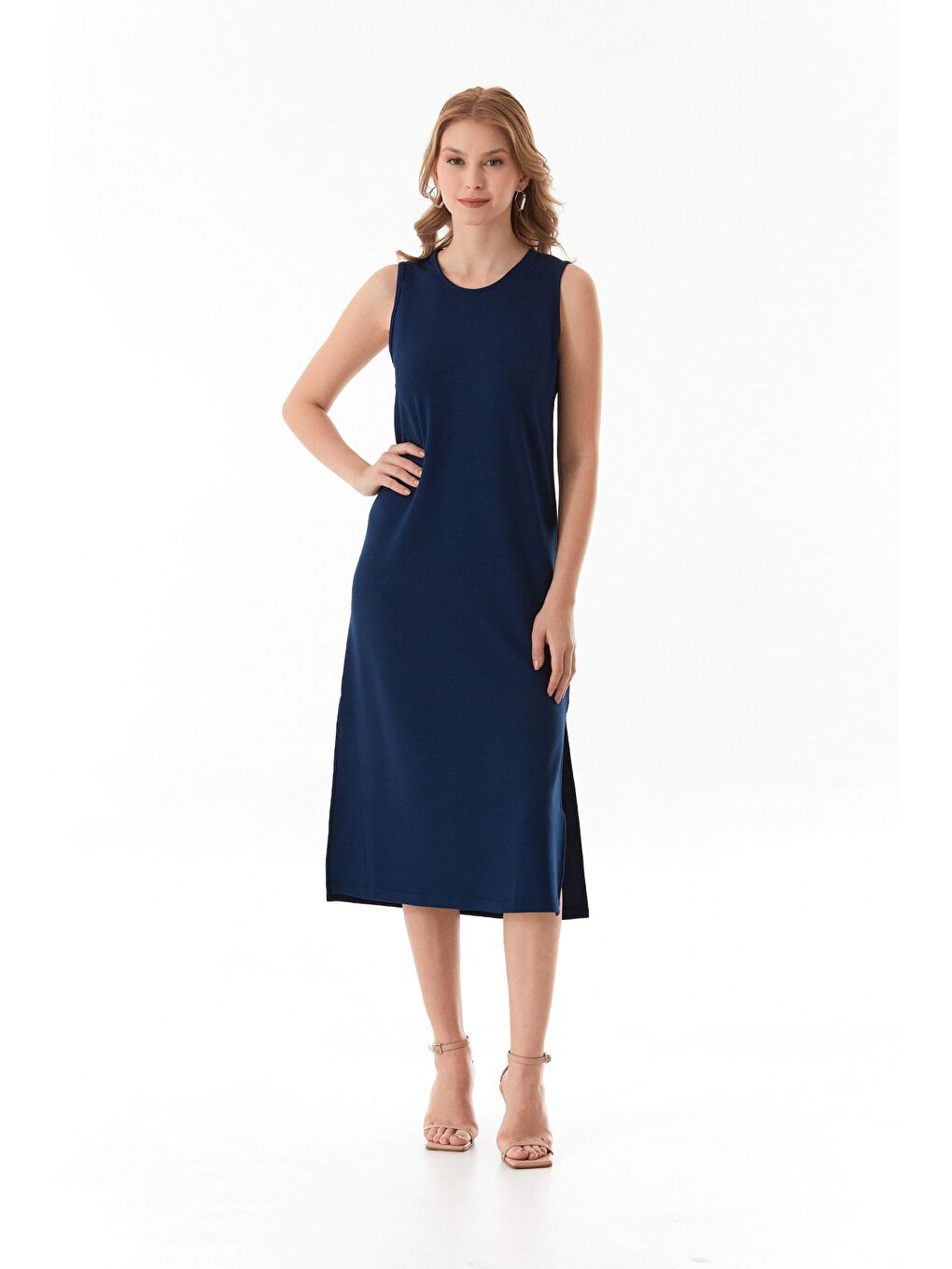 Lacivert Basic Yırtmaçlı Modal Elbise