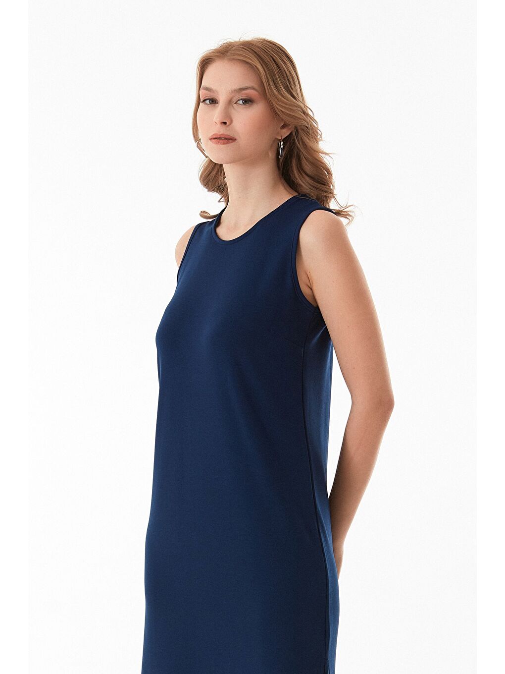 Lacivert Basic Yırtmaçlı Modal Elbise-1