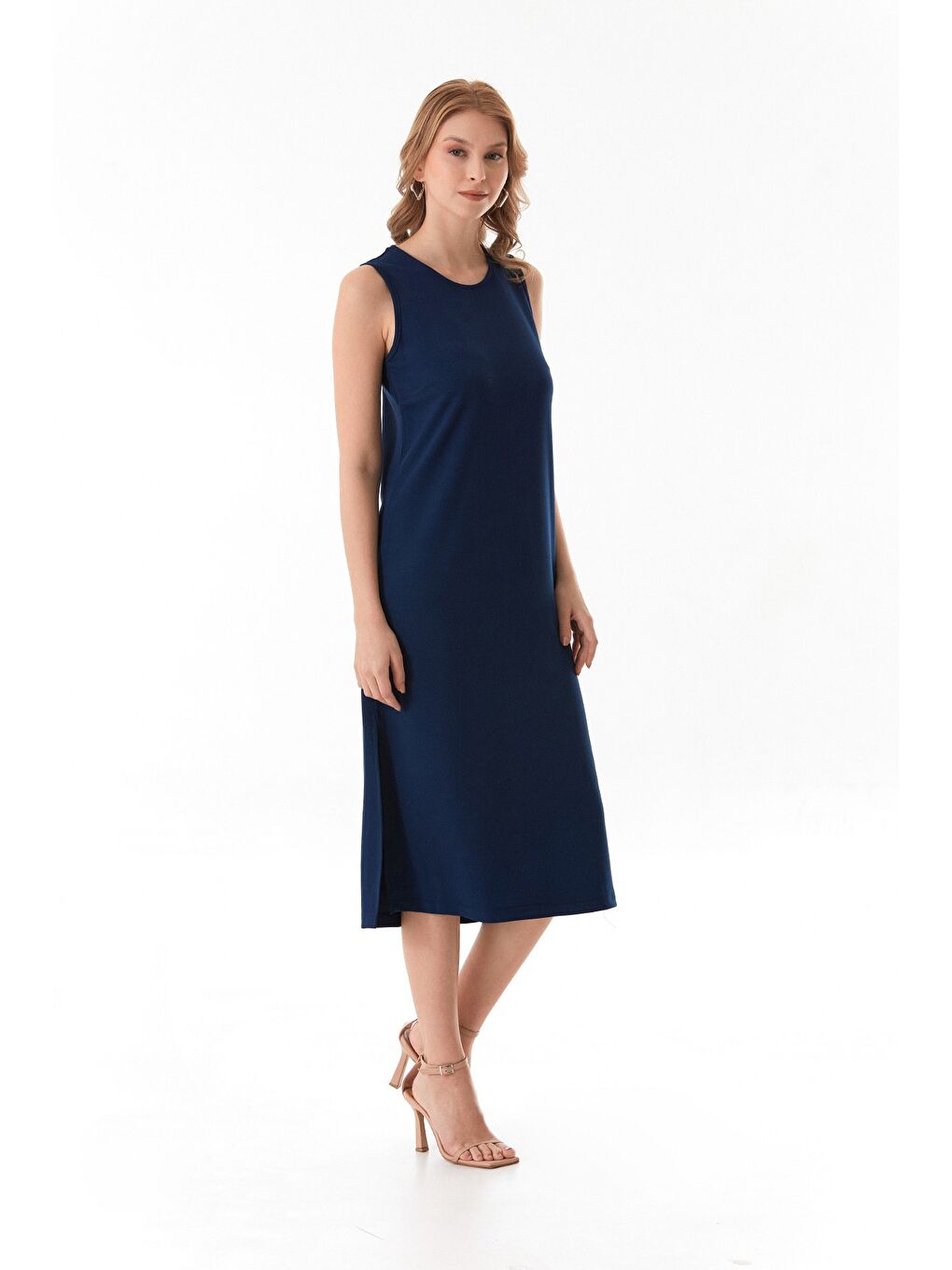 Lacivert Basic Yırtmaçlı Modal Elbise-3