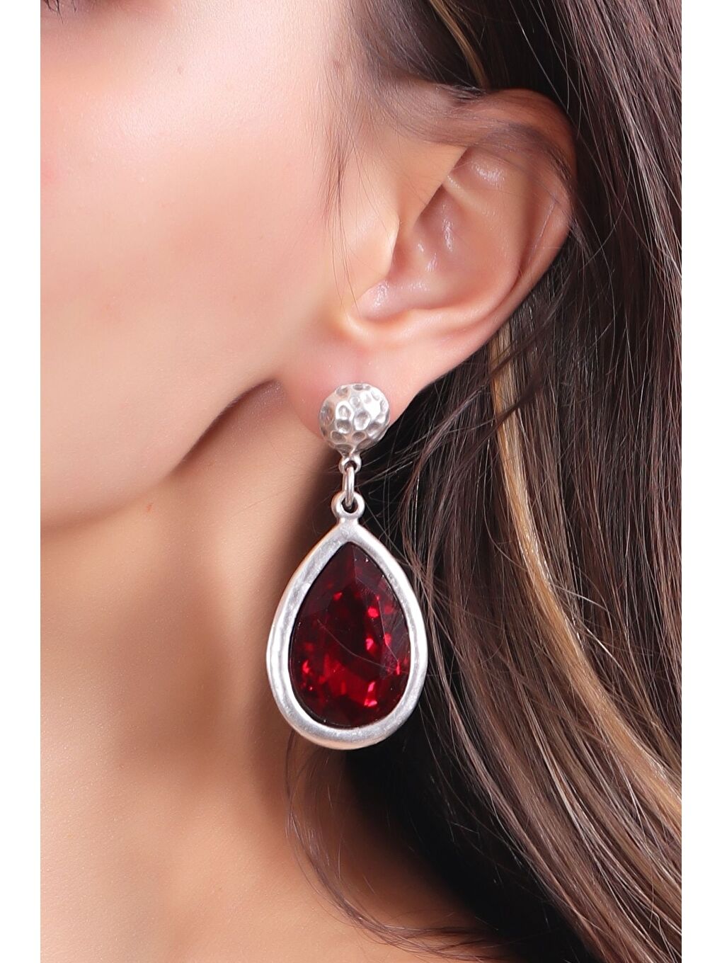 Kırmızı Kadın Antik Gümüş Kaplama Taşlı Damla Küpe-2